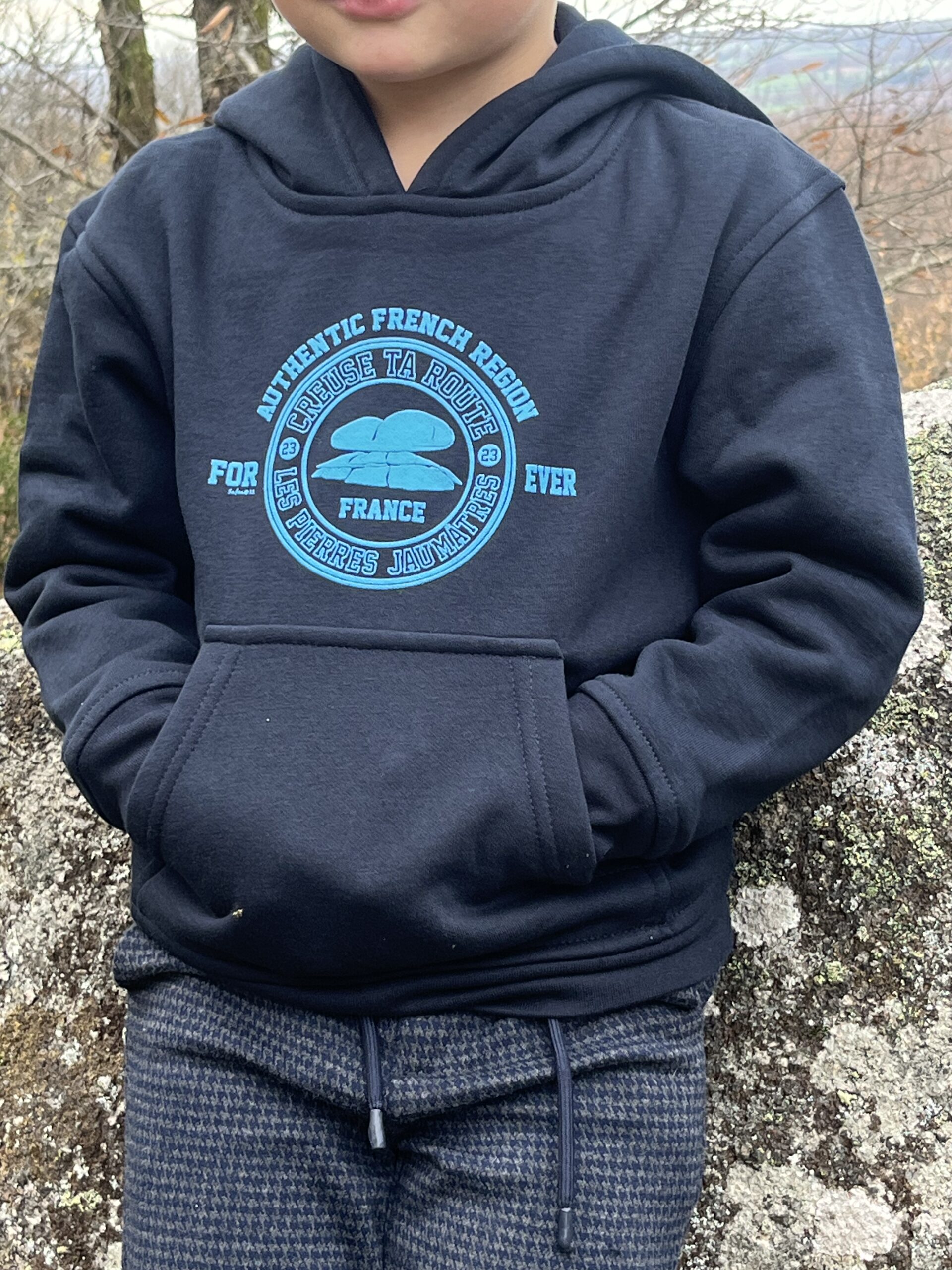 Pull noir avec logo bleu enfant - Creuse ta Route - look Creuse