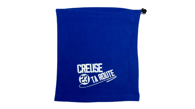 Cache-cou bleu en tissu polaire, certifié OEKO-TEX®, avec logo Creuse ta Route – accessoire chaud et léger à porter au quotidien, disponible sur l’e-shop Creuse ta Route