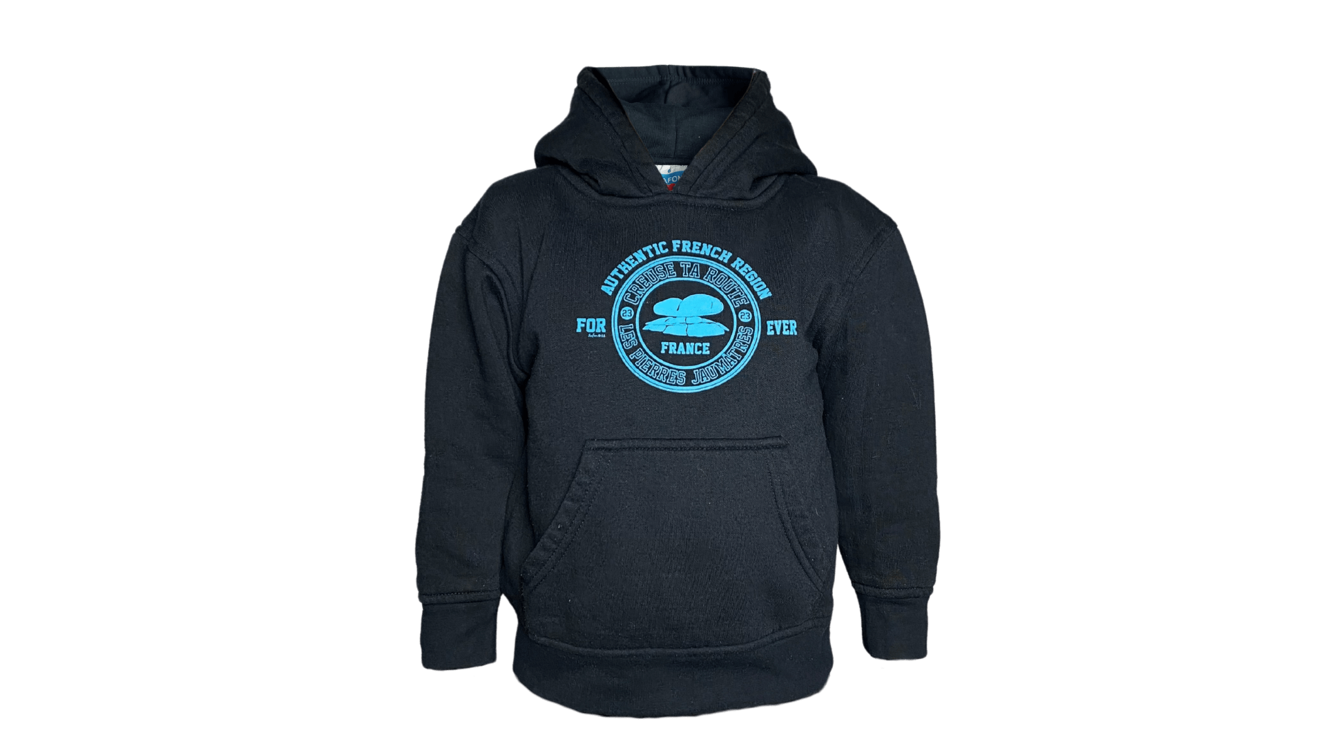 Sweat à capuche enfant noir mixte Creuse ta Route – coupe droite, logo bleu sérigraphié, coton certifié OEKO-TEX®, vêtement confortable et durable pour enfant - endroit