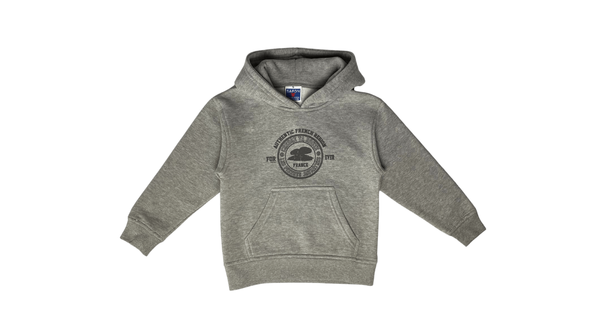 Sweat à capuche enfant gris chiné mixte Creuse ta Route – coupe droite, logo sérigraphié, coton certifié OEKO-TEX®, vêtement confortable et durable pour enfant - endroit
