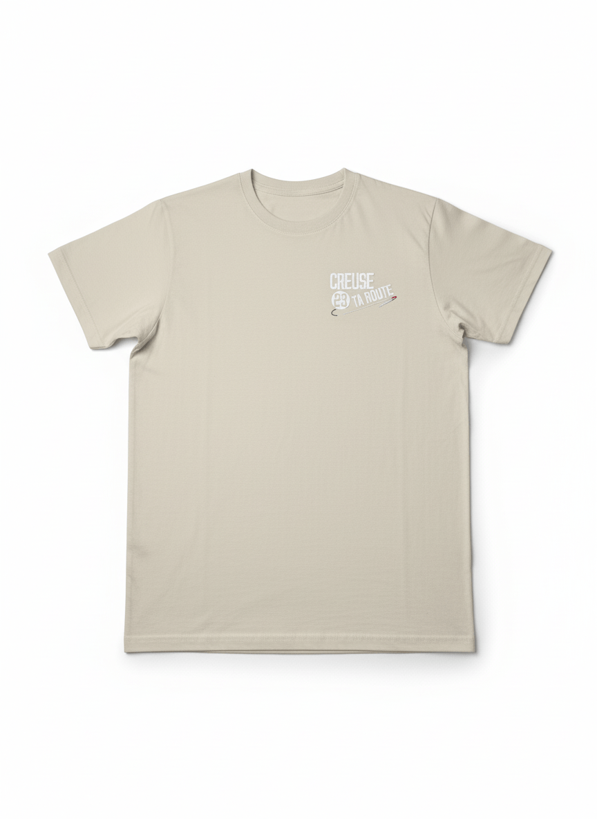 Photo T-shirt Beige face t-shirt beige, col rond, coupe droite, endroit, mixte, coton, – vêtement confortable pour adulte, disponible sur l’e-shop Creuse ta Route