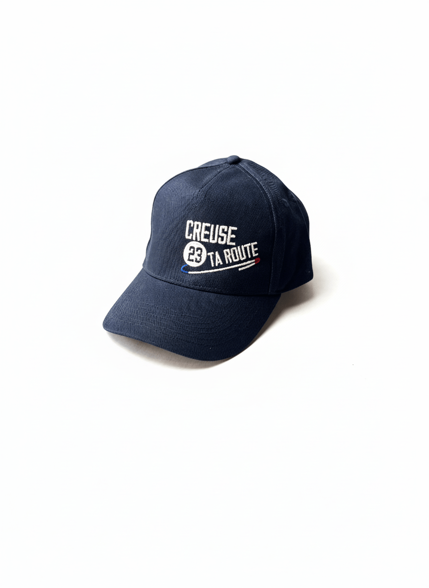 casquette adulte, coloris bleu, visière courbée, taille réglable, modèle mixte, logo Creuse ta Route brodé, accessoire confortable et léger, disponible sur l’e-shop Creuse ta Route