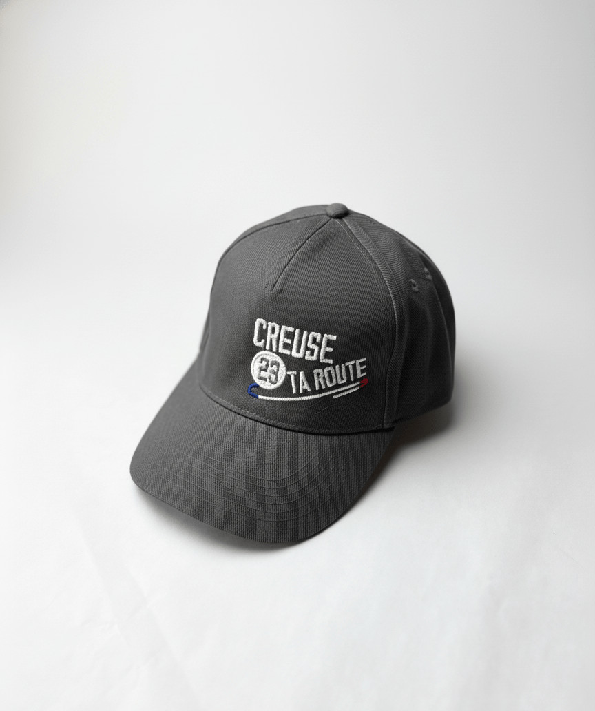 casquette adulte, coloris gris, visière courbée, taille réglable, modèle mixte, logo Creuse ta Route brodé, accessoire confortable et léger, disponible sur l’e-shop Creuse ta Route