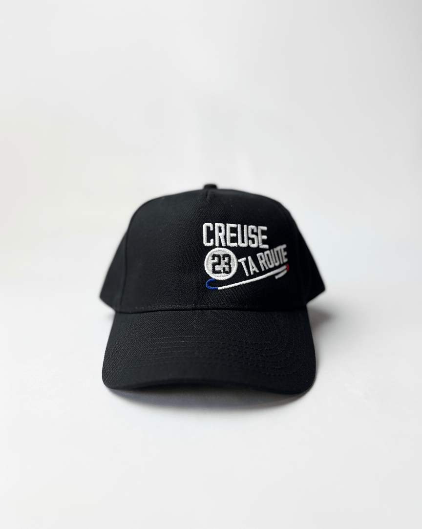 casquette adulte, coloris noir, visière courbée, taille réglable, modèle mixte, logo Creuse ta Route brodé, accessoire confortable et léger, disponible sur l’e-shop Creuse ta Route