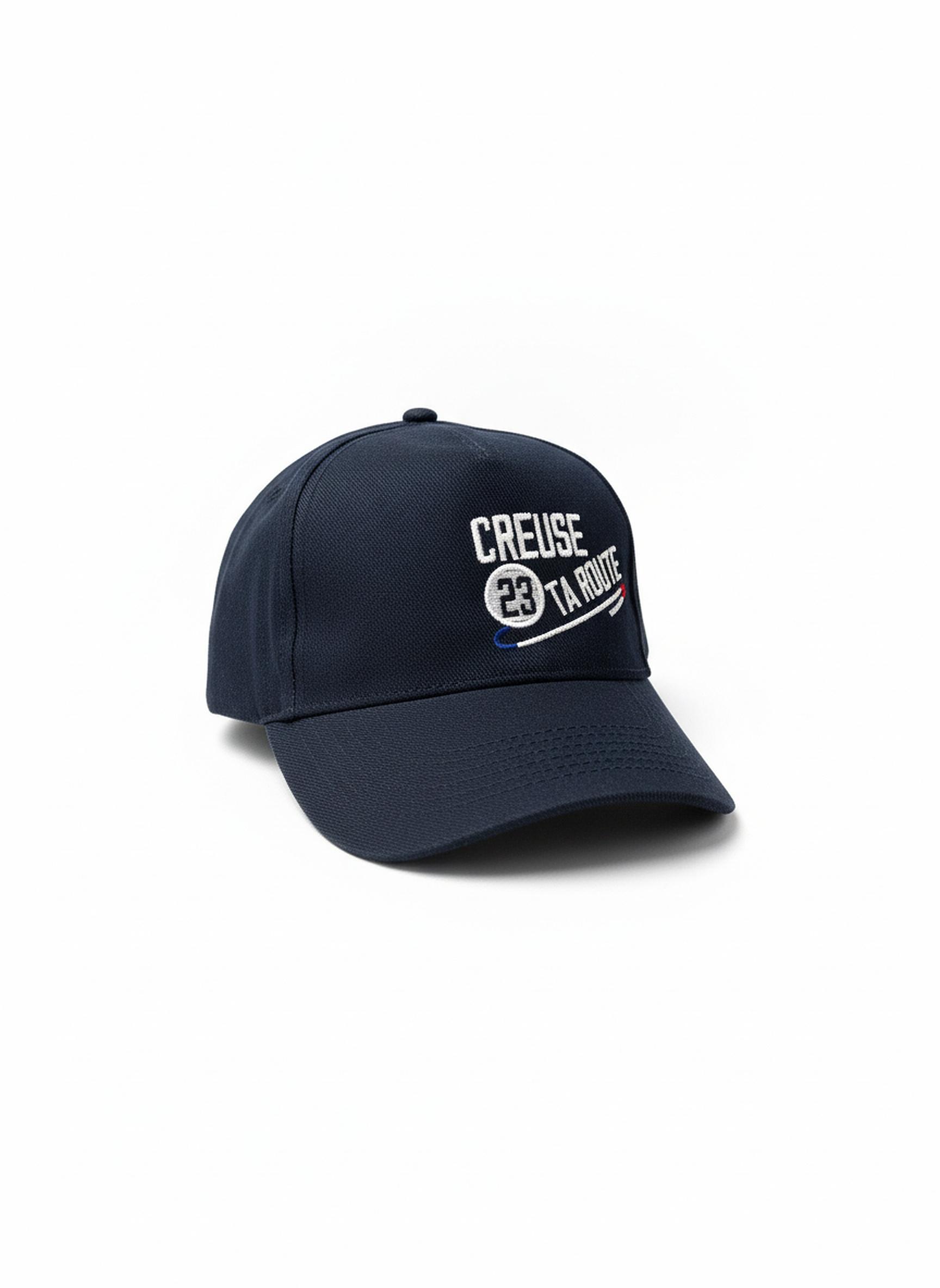 casquette adulte, coloris bleu, visière courbée, taille réglable, modèle mixte, logo Creuse ta Route brodé, accessoire confortable et léger, disponible sur l’e-shop Creuse ta Route