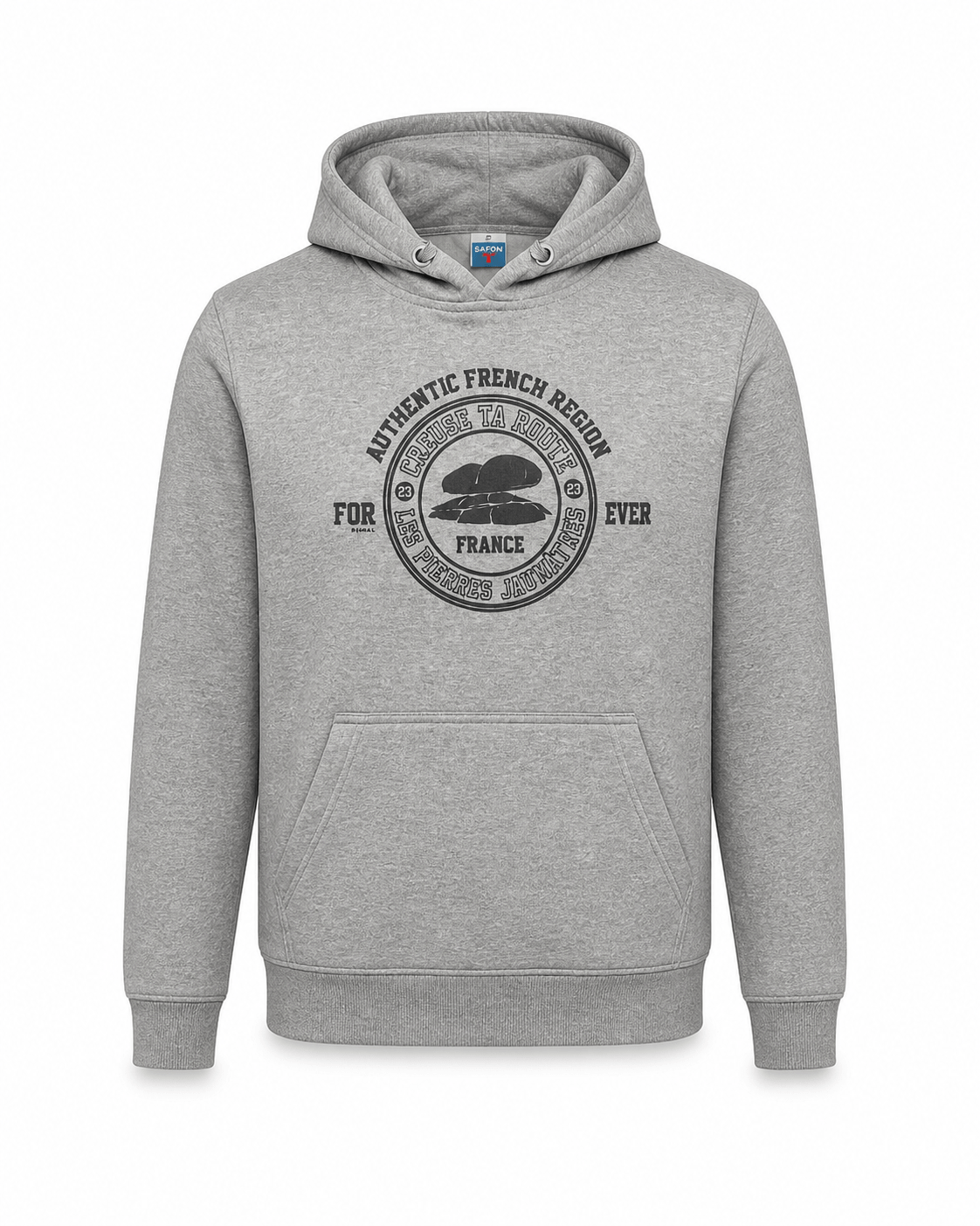 Sweat à capuche gris chiné mixte Creuse ta Route – coupe droite, logo sérigraphié, coton certifié OEKO-TEX®, vêtement confortable et durable pour adulte - endroit