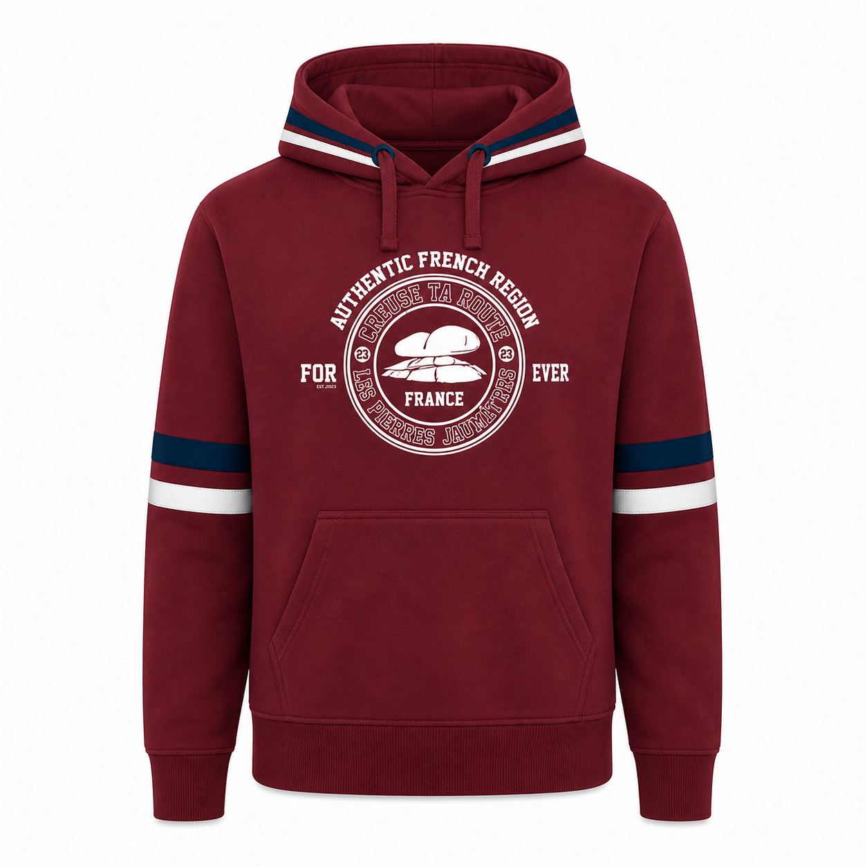 Sweat à capuche bordeaux mixte, envers, coton certifié OEKO-TEX®, rayures contrastées et logo poitrine – vêtement confortable pour adulte, disponible sur l’e-shop Creuse ta Route