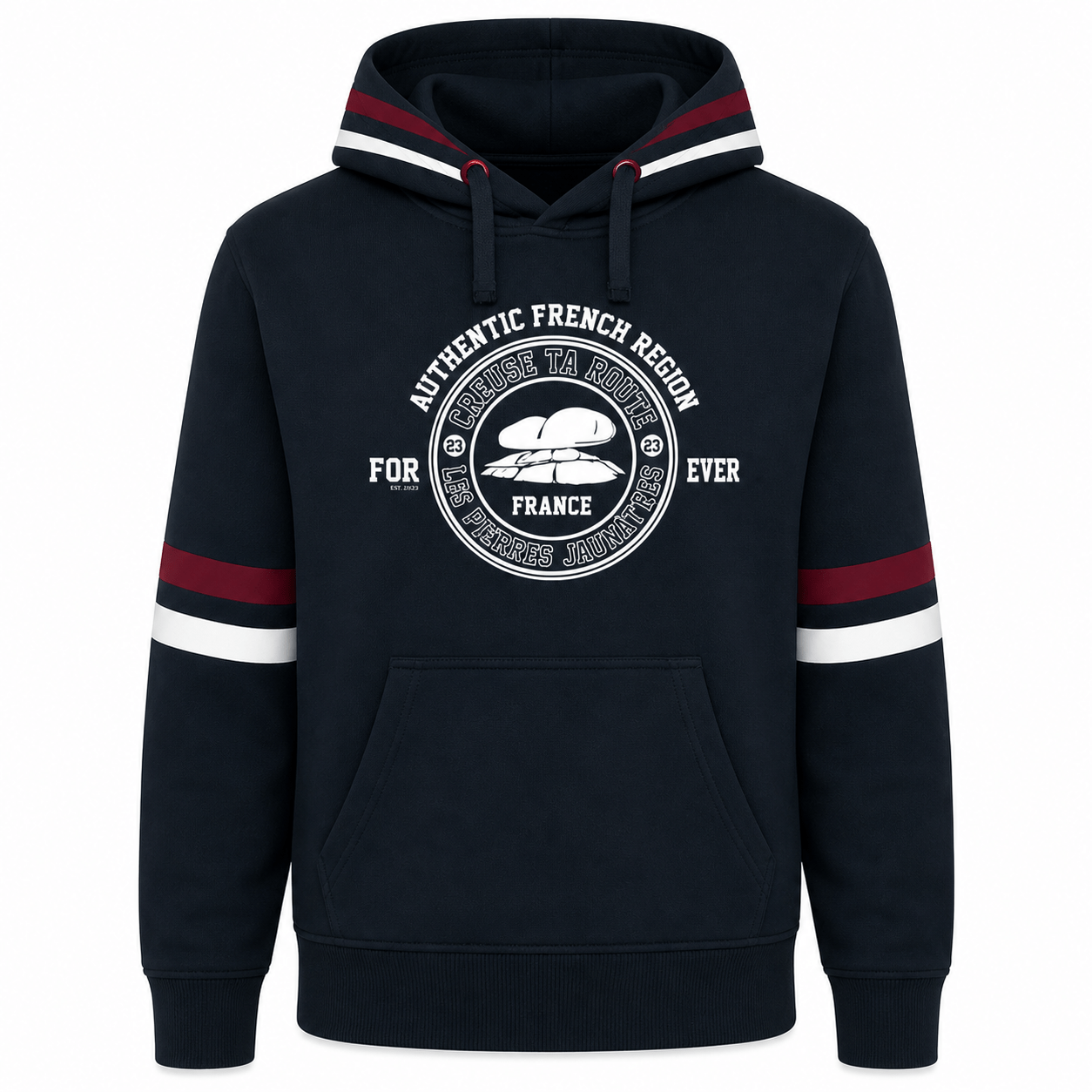 pull capuche adulte bleu marine rayé - creuse ta route - eshop mode identité creuse