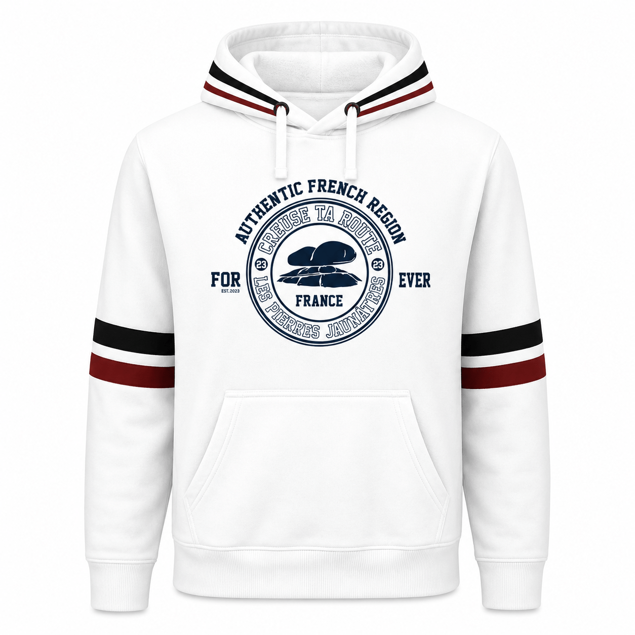 Sweat à capuche blanc, mixte, endroit, coton certifié OEKO-TEX®, rayures contrastées et logo poitrine – vêtement confortable pour adulte, disponible sur l’e-shop Creuse ta Route