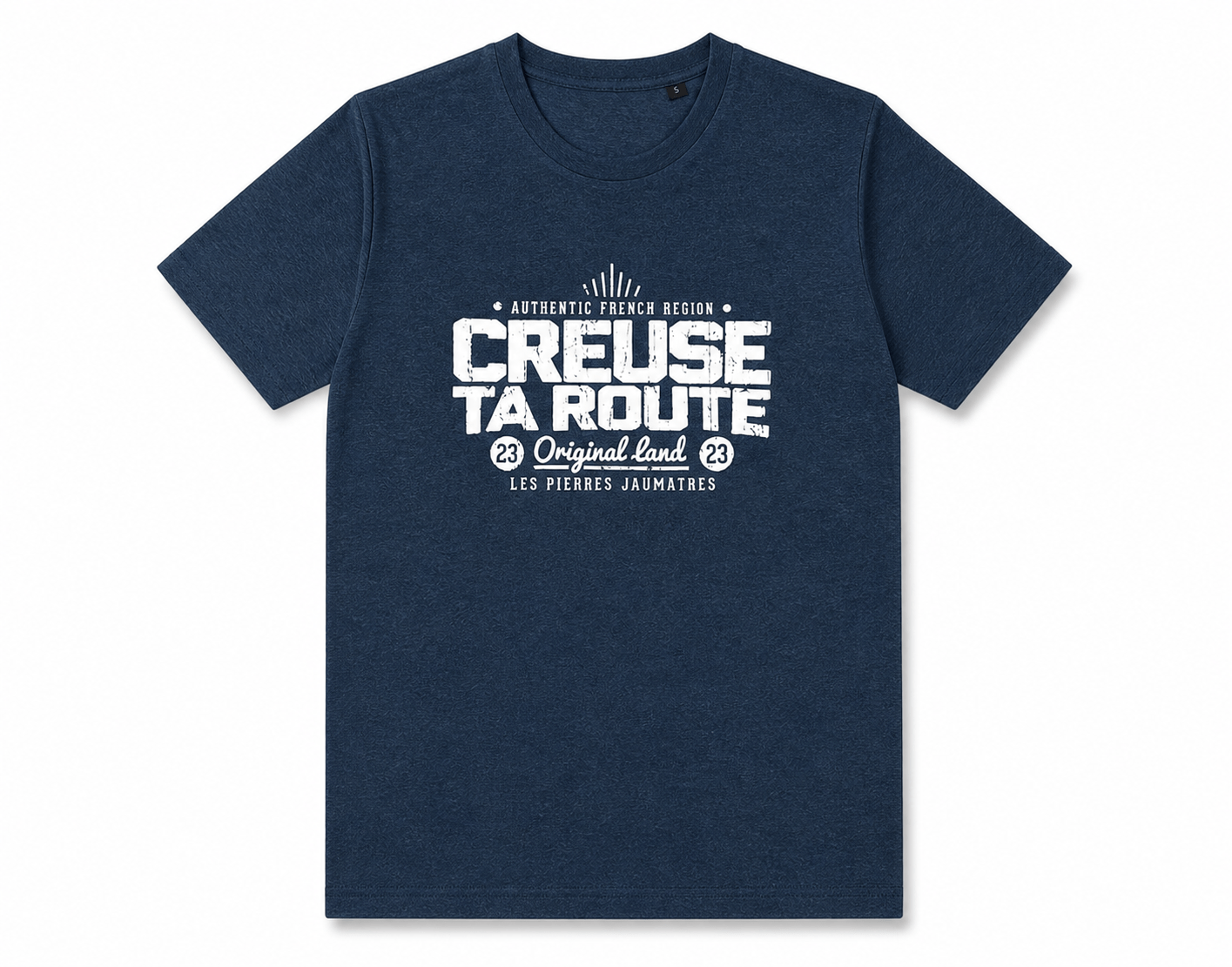 t-shirt bleu foncé, col rond, coupe droite, endroit, mixte, coton certifié OEKO-TEX®, – vêtement confortable pour adulte, disponible sur l’e-shop Creuse ta Route